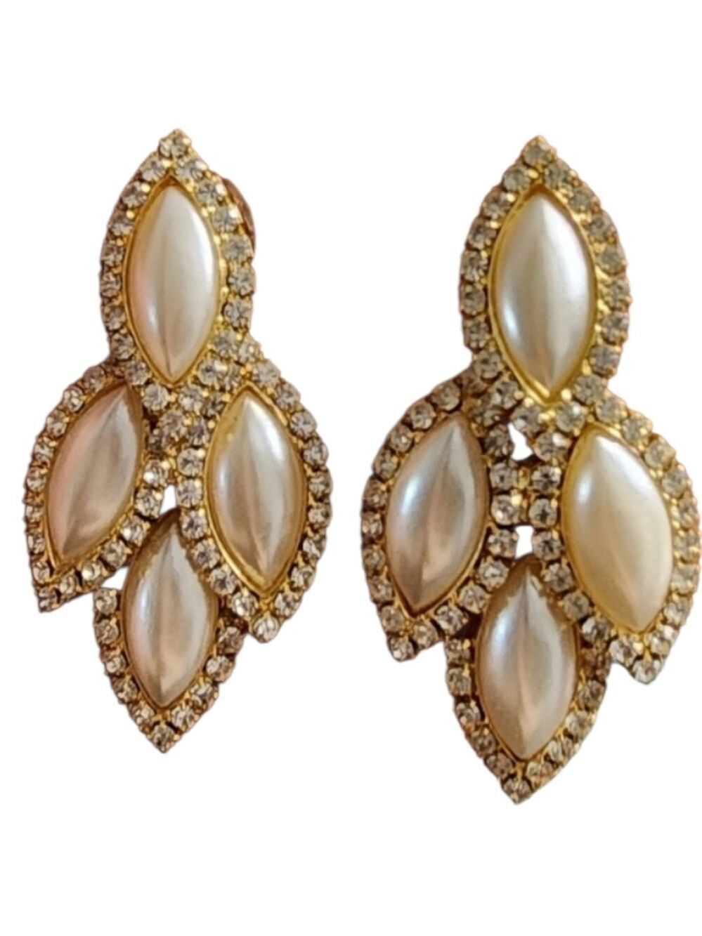 Goldtone and Cream Chandelier Earrings with Rhinestone Accents